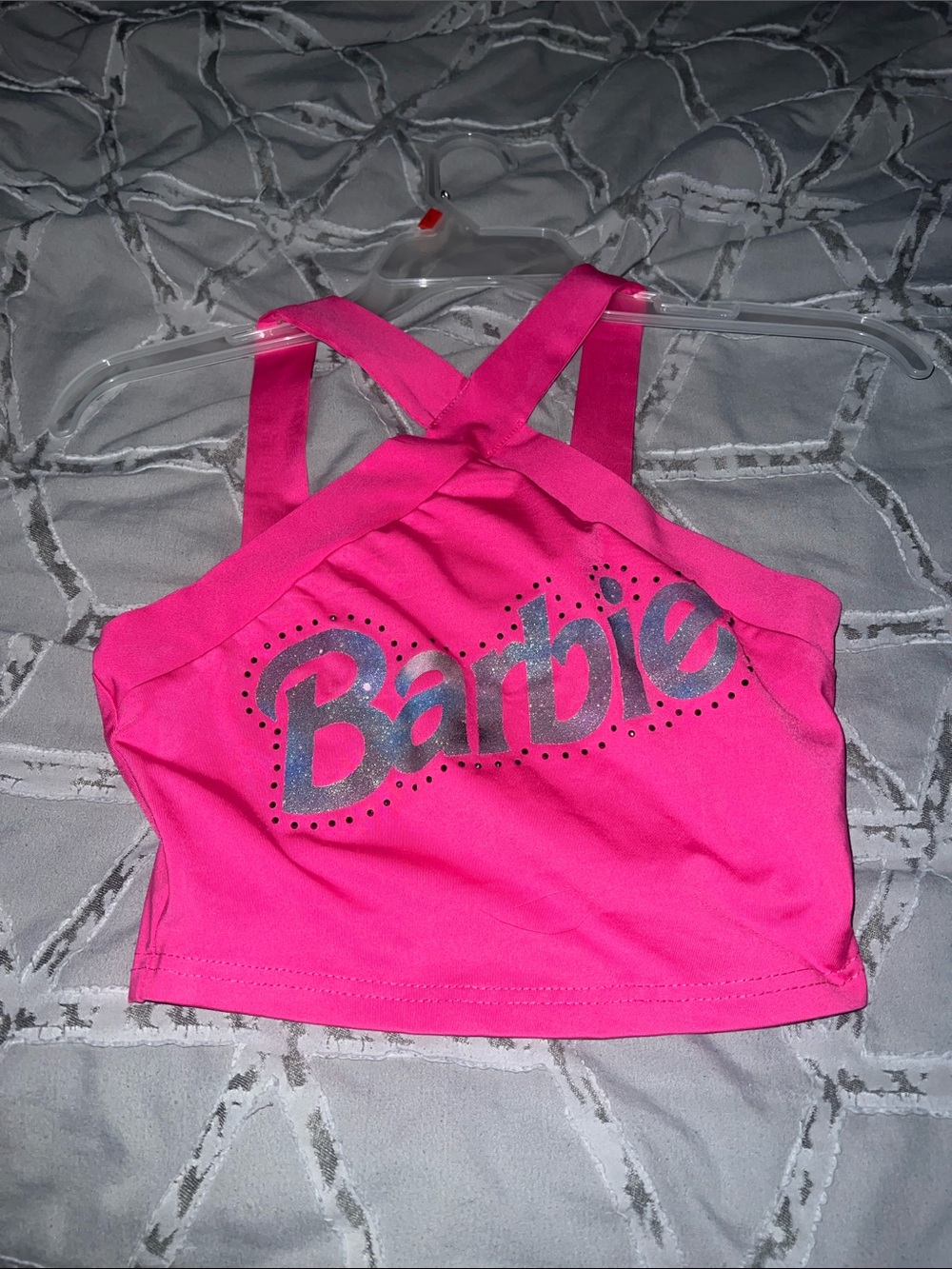 Barbie Bright Hot Pink Cross-Back Crop Tank with Silver Logo